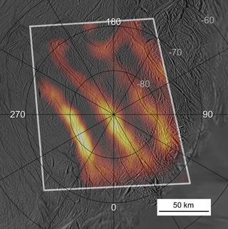 Heat radiating from the entire length of 95-mile (150-km) long fractures is seen in this best-yet heat map of the active south polar region of Saturn's ice moon Enceladus. The data was collected on March 12, 2008.