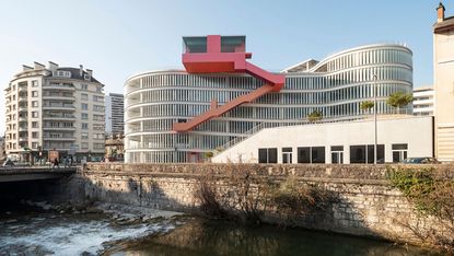 Q-Park Ravet by Hérault Arnod Architectures with artist Krijn de Koning brings creativity and monumentality to a utilitarian parking garage structure in the French city of Chambéry