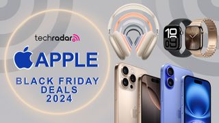 Black Friday Apple deals image, with iPhone 16, Apple watch and AirPods Max on a grey background