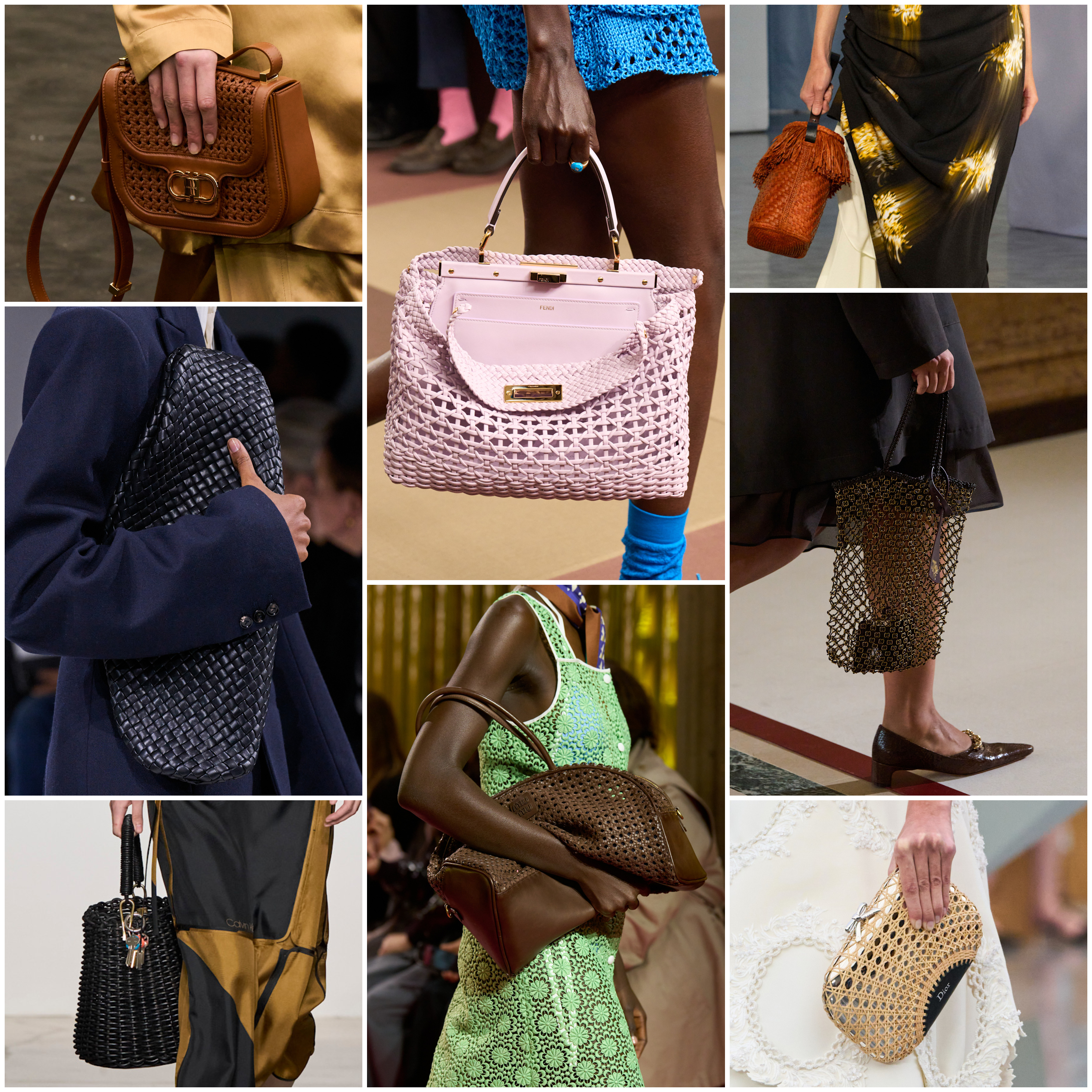 spring 2026 woven bag trends at Ferragamo, Fendi, Proenza Schouler, Bottega Veneta, Miu Miu, Tory Burch, Calvin Klein, Dior
