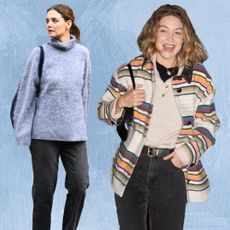 a collage of katie holmes and gigi hadid wearing similar dark wash jeans in new york city