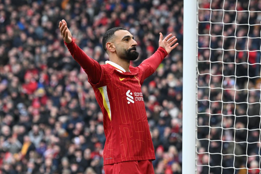 Mohamed Salah of Liverpool celebrates scoring his team&#039;s second goal from the penalty-spot during the Premier League match between Liverpool FC and Wolverhampton Wanderers FC at Anfield on February 16, 2025 in Liverpool, England.