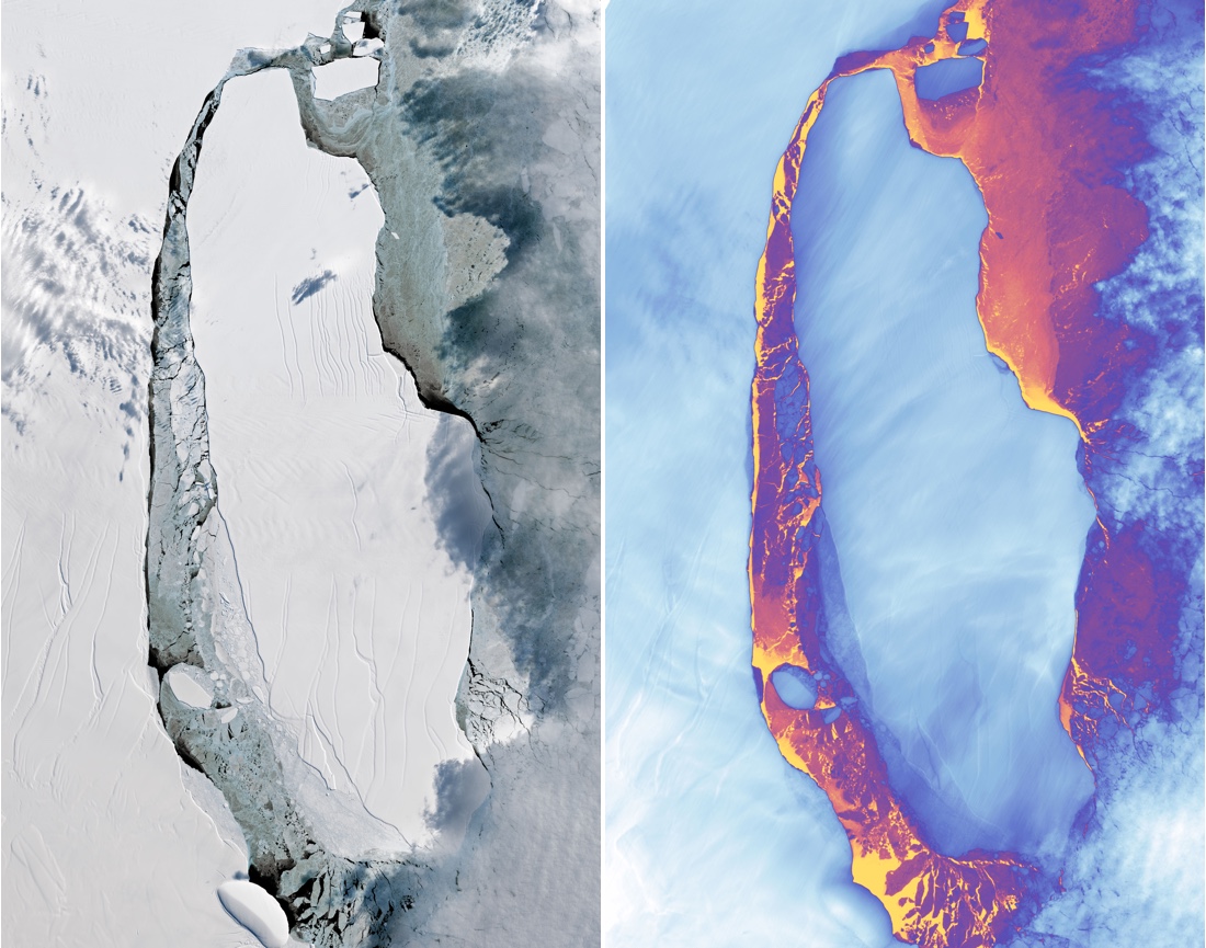 Instruments aboard the Landsat 8 satellite captured these visible and thermal images on Sept. 16, 2017, of the A68 iceberg that snapped off Antarctica&#039;s Larsen C Ice Shelf.