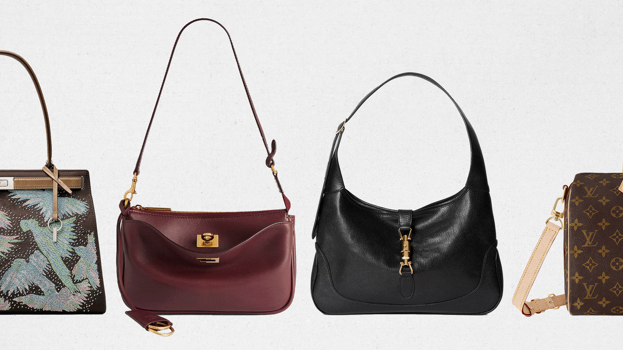 Louis Vuitton, Loewe, Toteme, Gucci, YSL, Tory Burch, Balenciaga, Gucci.