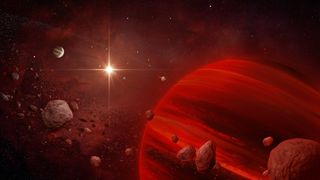 Illustration of a red planet surrounded by asteroids. A star shine in the background.