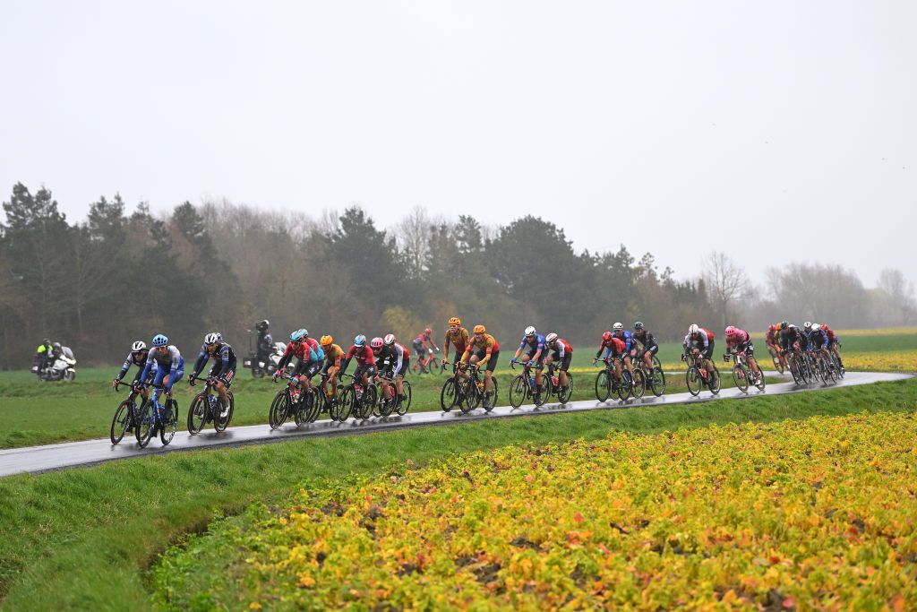 DE PANNE BELGIUM MARCH 22 A general view of the breakaway competing during the 47th Minerva Classic Brugge De Panne 2023 a 211km one day race from Brugge to De Panne on March 22 2023 in De Panne Belgium Photo by Luc ClaessenGetty Images