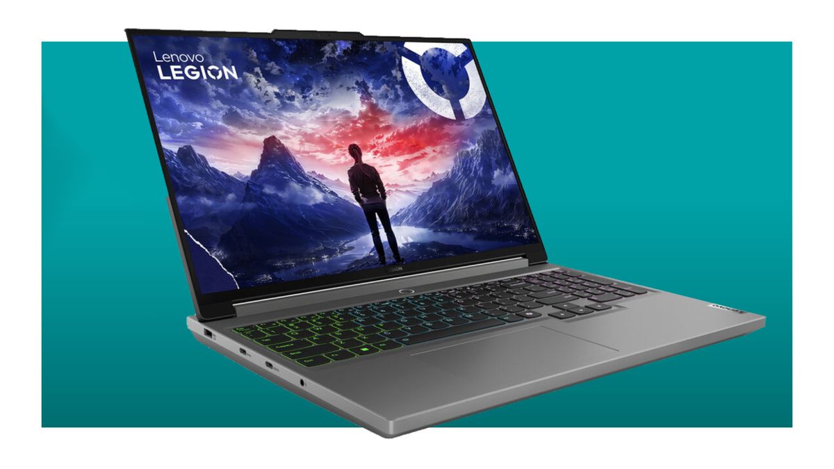 The Lenovo Legion 5i 16-inch 240 Hz gaming laptop on a teal deal background.