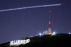The Hollywood sign at night.