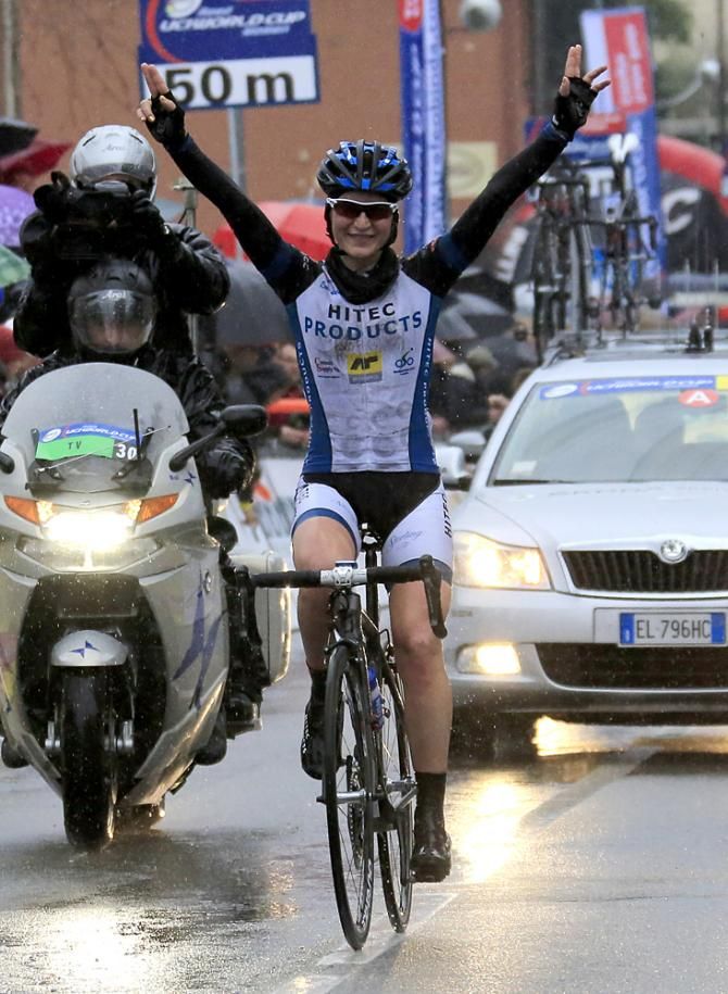 Elisa Longo Borghini (Hitec Products) endured frigid temperatures and rain to win the World Cup in Italy