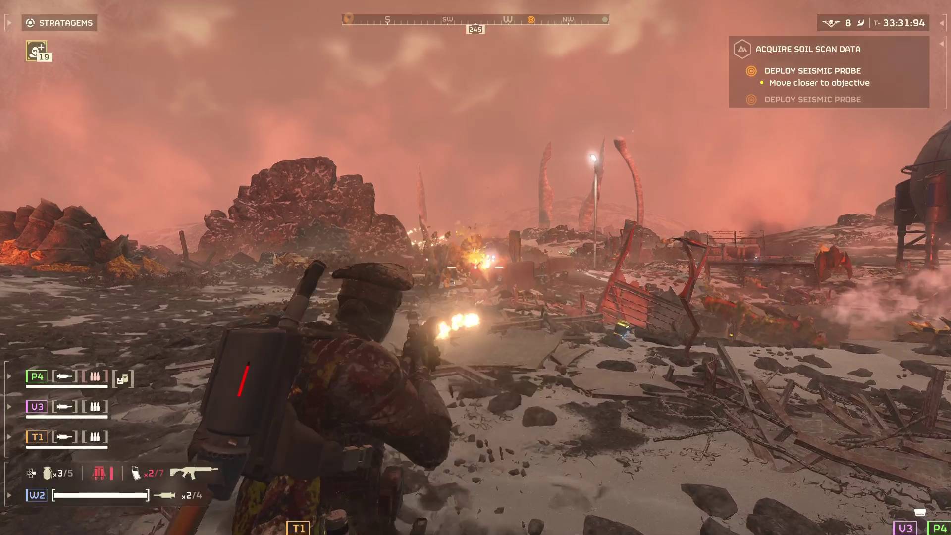 Helldivers 2 weapon helldiver firing pacifier assault rifle at Terminids