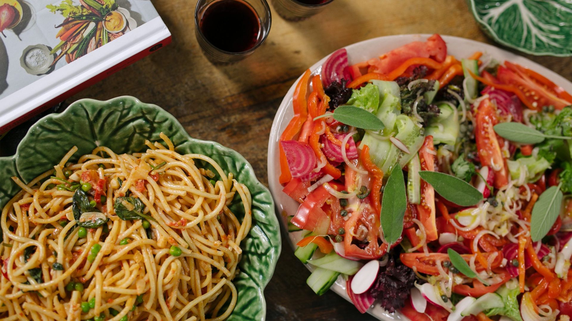 Plates of fresh vegan food is pictured