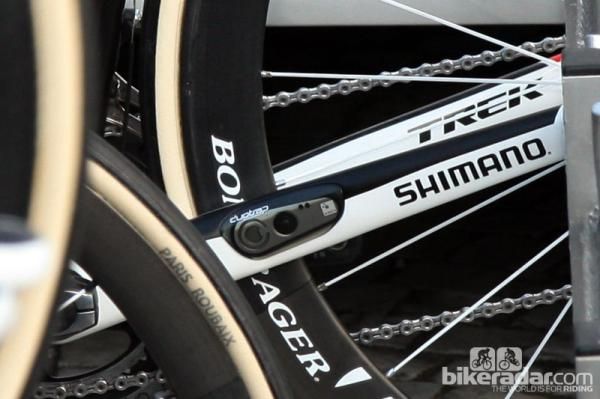 Bontrager's clever Duotrap integrated speed and cadence sensor tucked into the chain stay of Fabian Cancellara's (Radioshack-Nissan-Trek) new Trek Domane.
