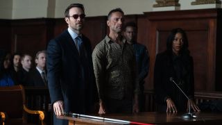 Matt Murdock, Hector Ayala, and Kirsten McDuffie standing in a courtroom in Daredevil: Born Again episode 2