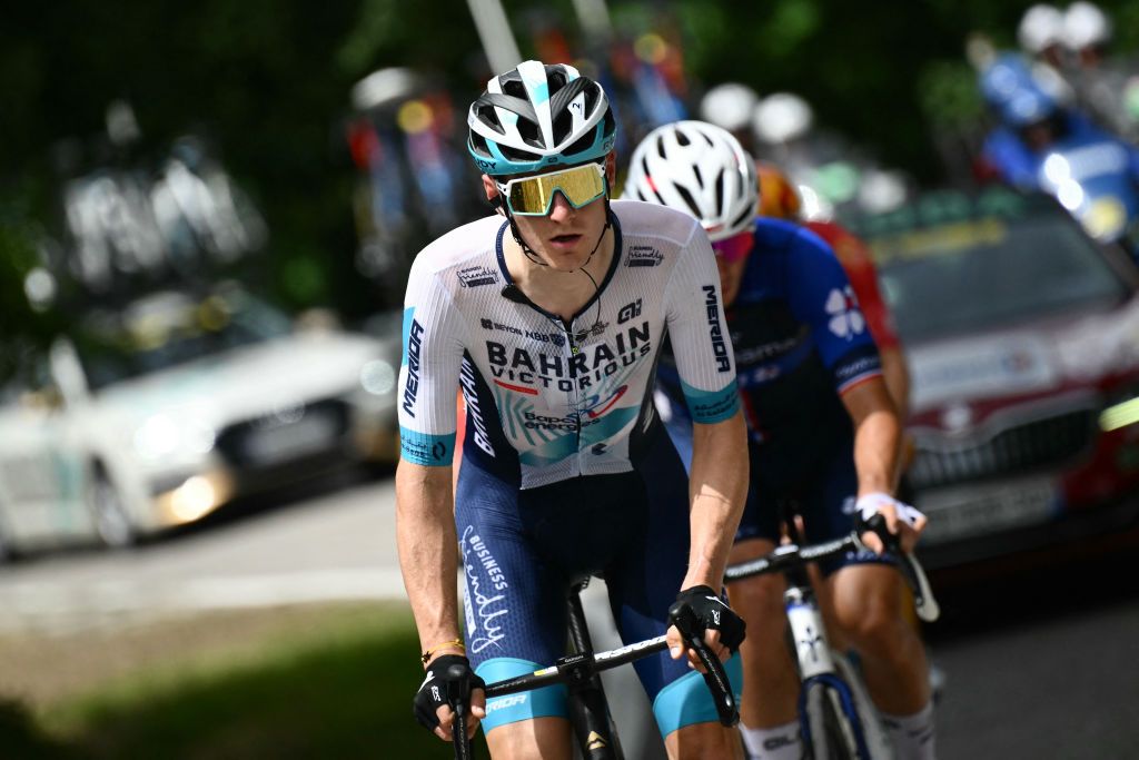 Bahrain - Victorious team&#039;s Slovenian rider Matej Mohoric cycles in a breakaway during the 1st stage of the 111th edition of the Tour de France cycling race, 206 km between Florence and Rimini, in Italy, on June 29, 2024. (Photo by Marco BERTORELLO / AFP)