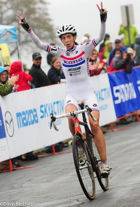 Helen Wyman (Kona-FSA) signaling that she took both wins this weekend