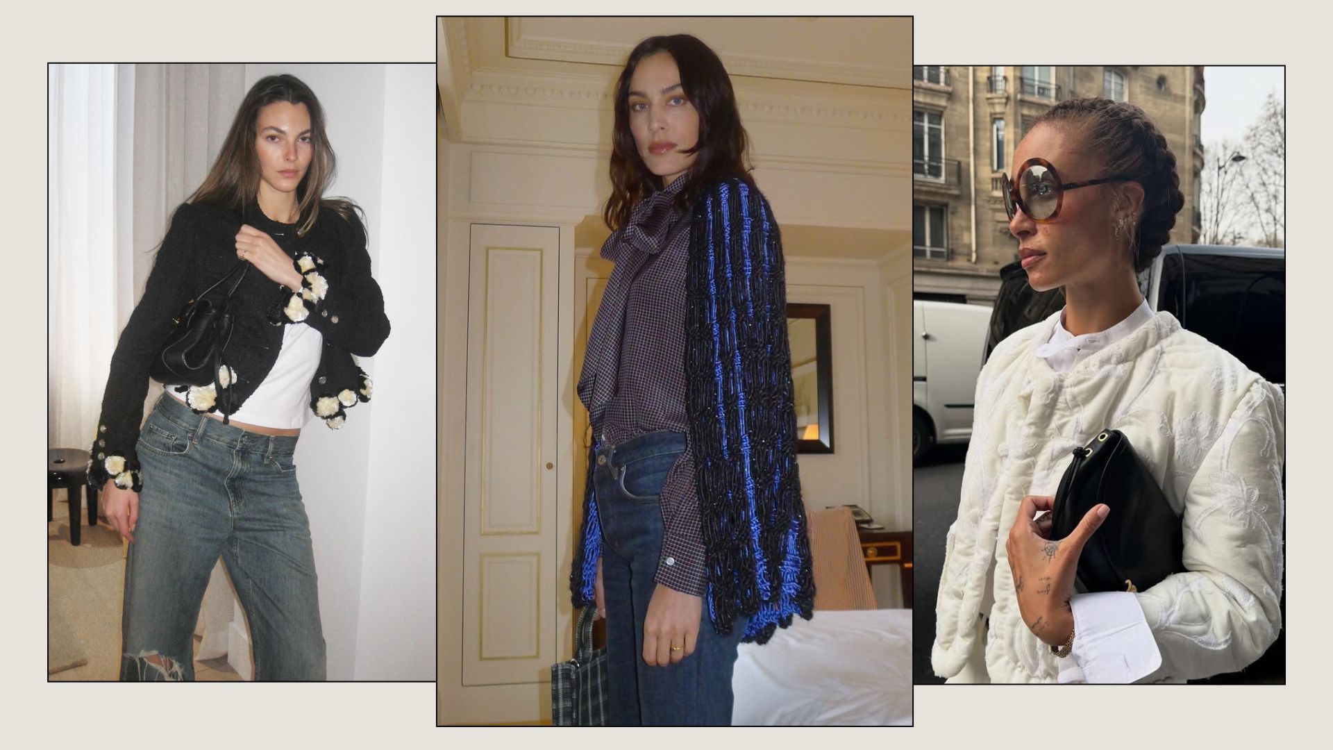 An image of the biggest 2026-winter-spring-transitional-jeans-trends, as seen on Alexa Chung, Vittoria Ceretti and Adwoa Aboah. 