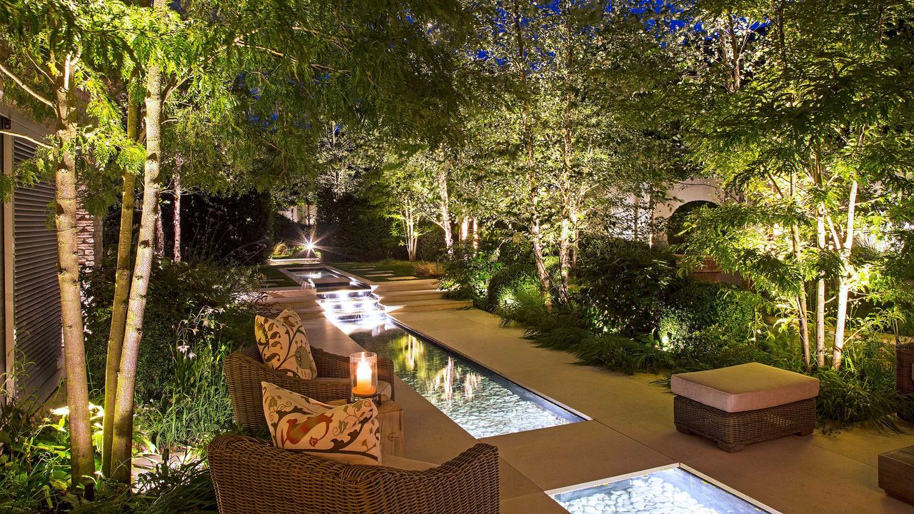 garden lighting by John Cullen Lighting with water feature