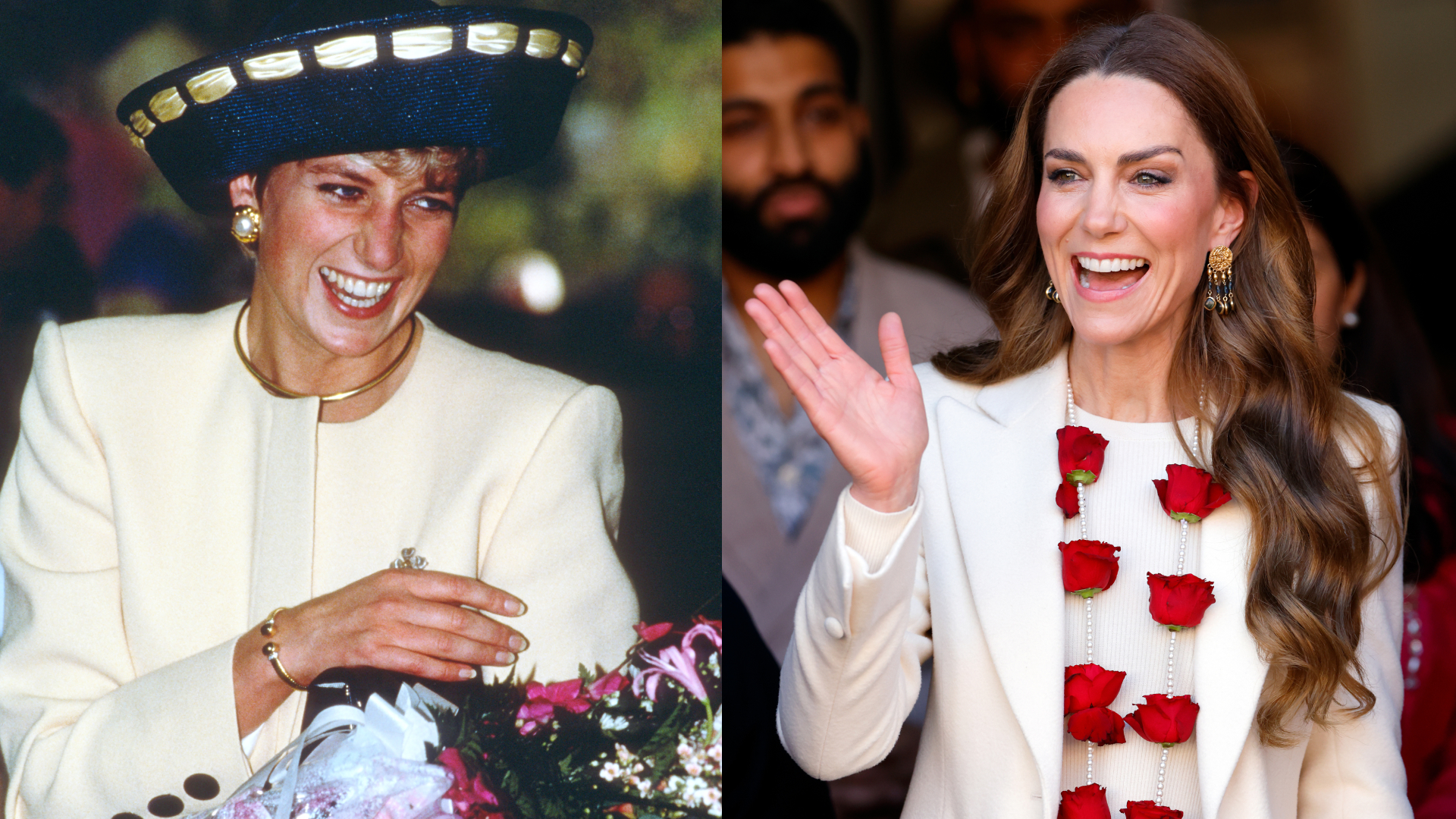 Princess Diana wearing a large hat and laughing; Princess Kate waving, wearing a red rose garland around her neck
