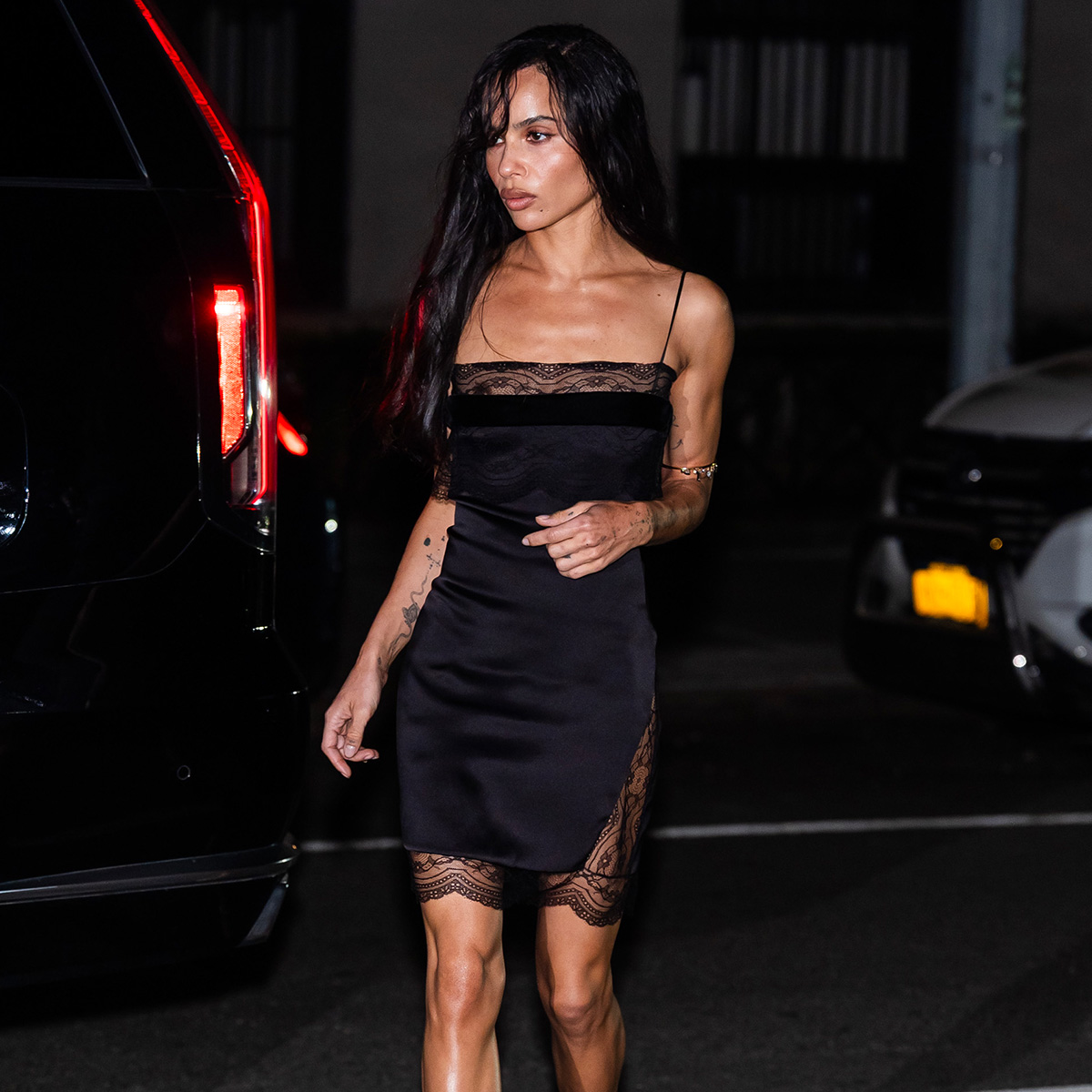 zoe kravitz attending an event in new york city in a black slip dress