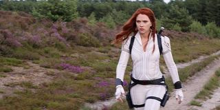 Scarlett Johansson as Black Widow in white suit