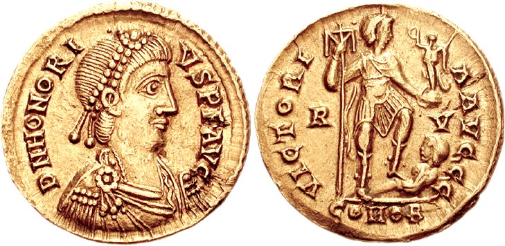 A golden coin with an emperor on it