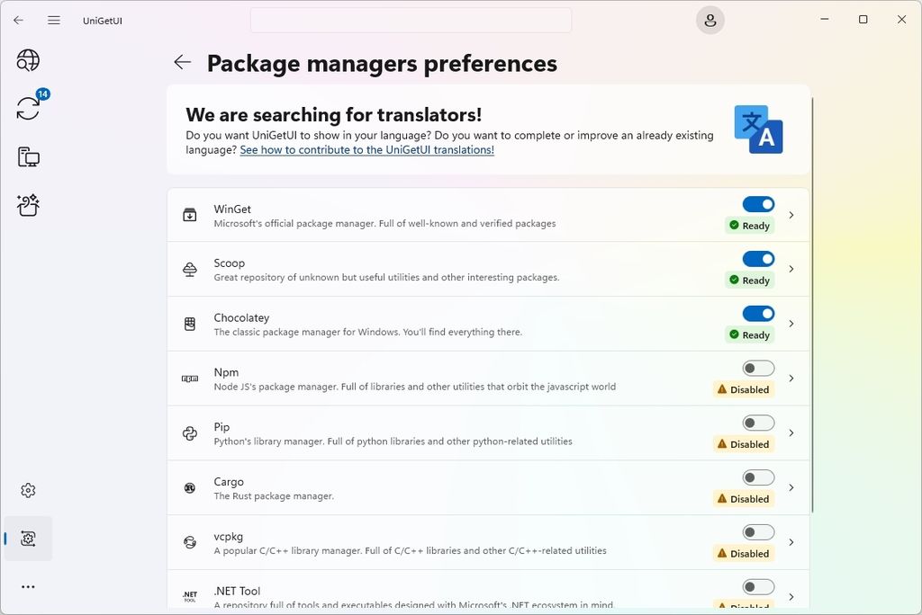 UniGetUI package managers