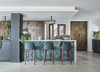 kitchen color schemes bronze cabninets with aquamarine tiles