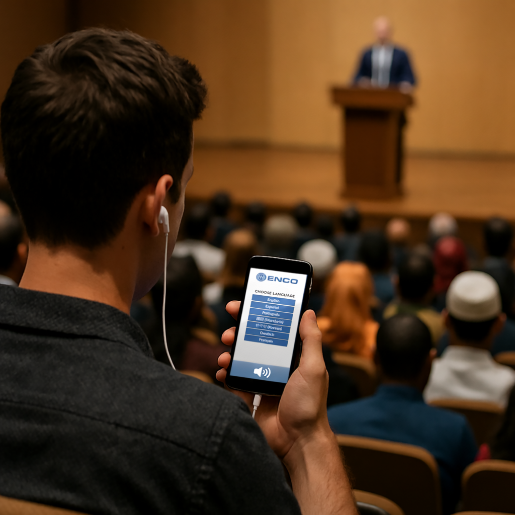 The new ENCO translation service with a man speaking to an auditorium at a dais.