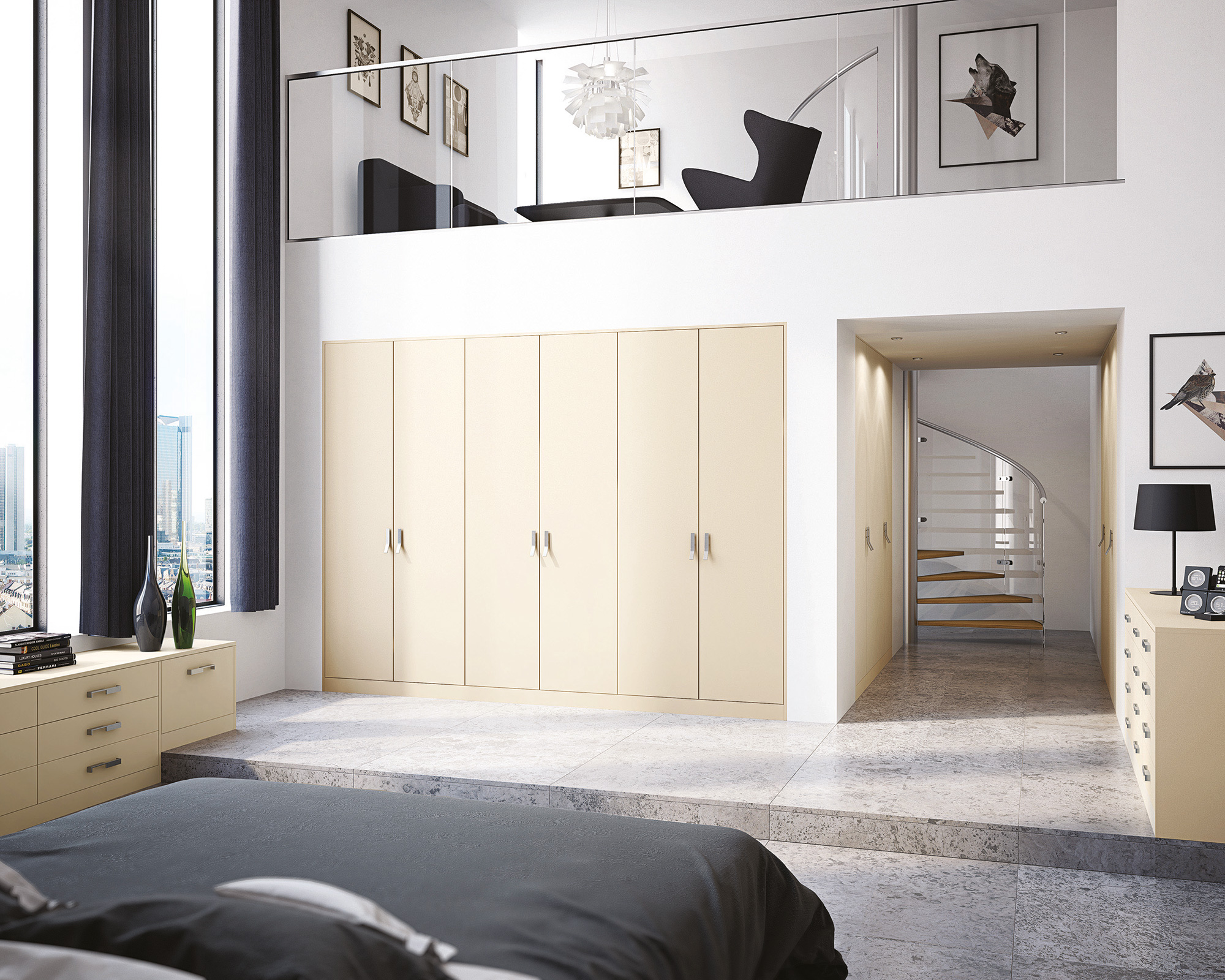 Beige space-saving storage units in a minimalist and muted bedroom