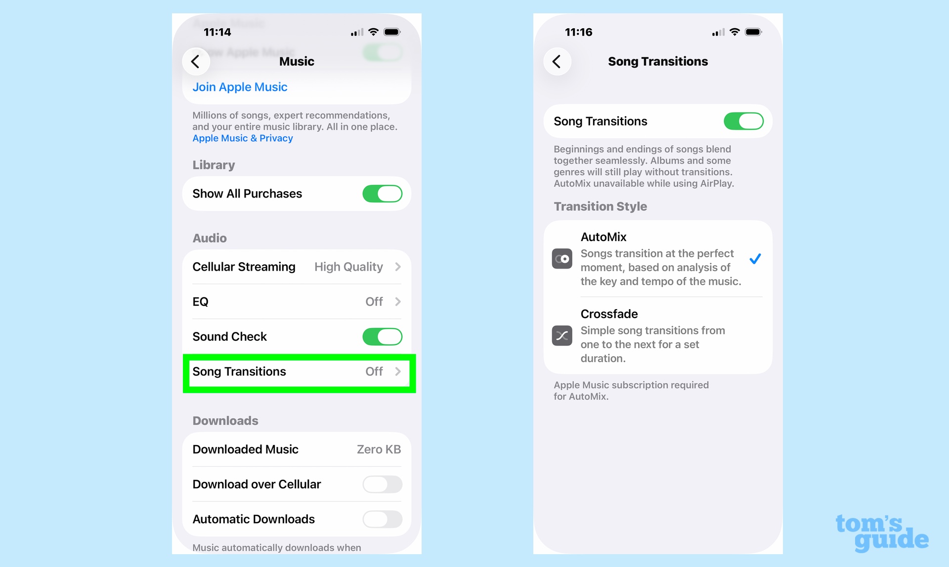 turning on automix in song transitions menu of Music Settings in iOS 26