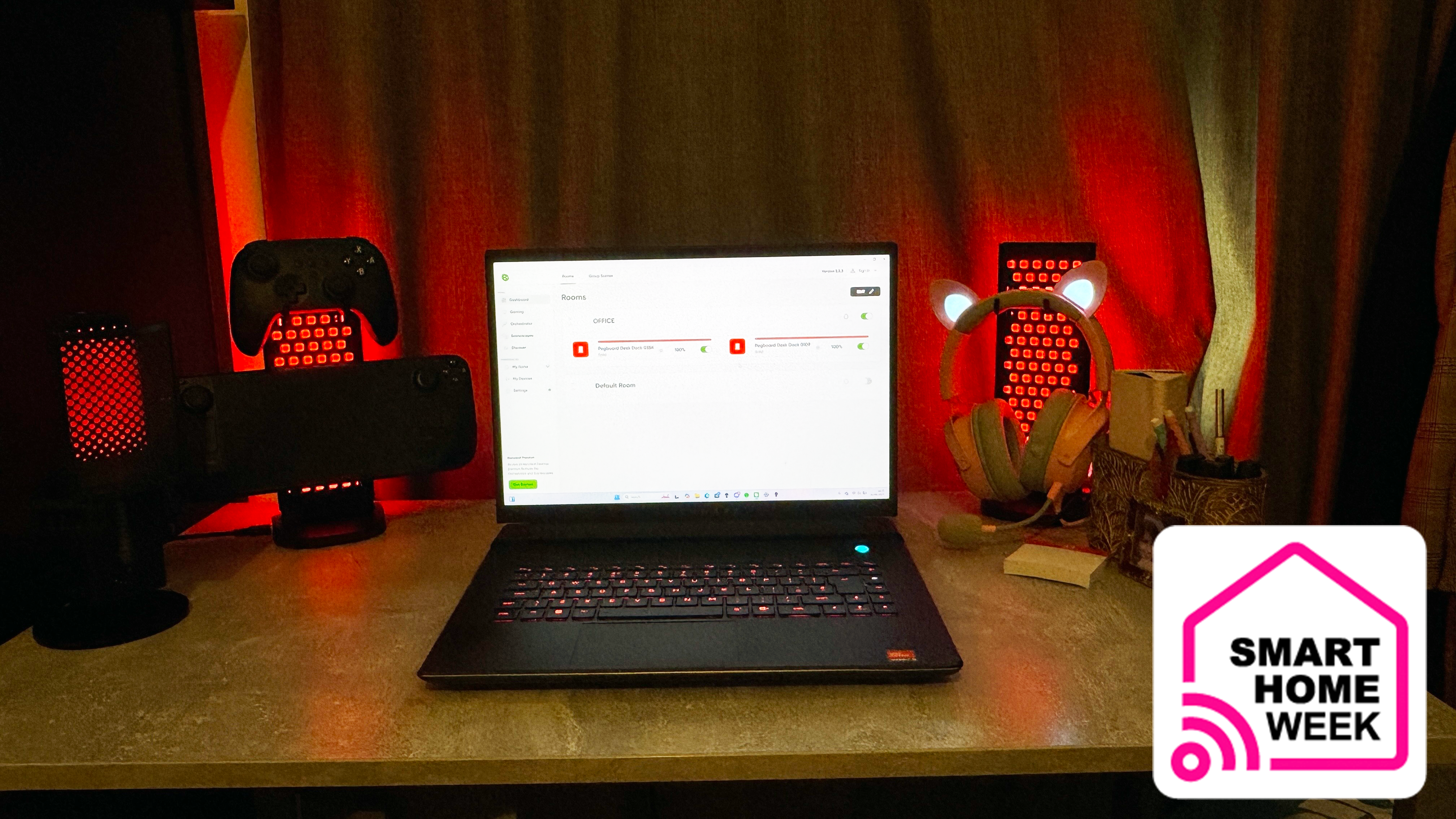 Gaming desk setup featuring Nanoleaf Pegboard desk dock