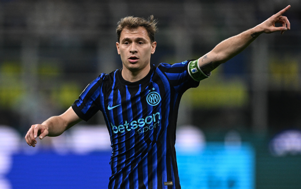 Nicolo' Barella of Inter reacts during the Serie A match between FC Internazionale and Cagliari Calcio at Giuseppe Meazza Stadium on April 17, 2026 in Milan, Italy. 