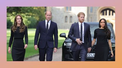 Catherine, Princess of Wales, Prince William, Prince of Wales, Prince Harry, Duke of Sussex, and Meghan, Duchess of Sussex on the long Walk at Windsor Castle arrive to view flowers and tributes to HM Queen Elizabeth on September 10, 2022 in Windsor, England. Crowds have gathered and tributes left at the gates of Windsor Castle to Queen Elizabeth II.