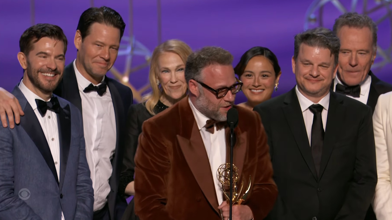 Seth Rogen and the cast of The Studio accept the 2025 Emmy for Outstanding Comedy.