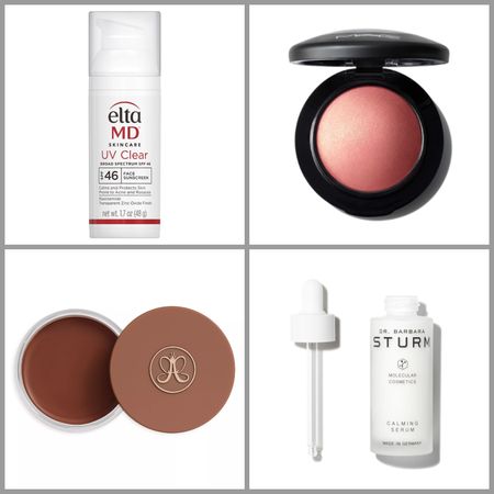 product collage of Eltamd Uv Clear Broad-Spectrum Spf 46, Dr. Barbara Sturm Calming Serum, Mac Mineralize Blush, Anastasia Beverly Hills Cream Bronzer on white background with grey border 