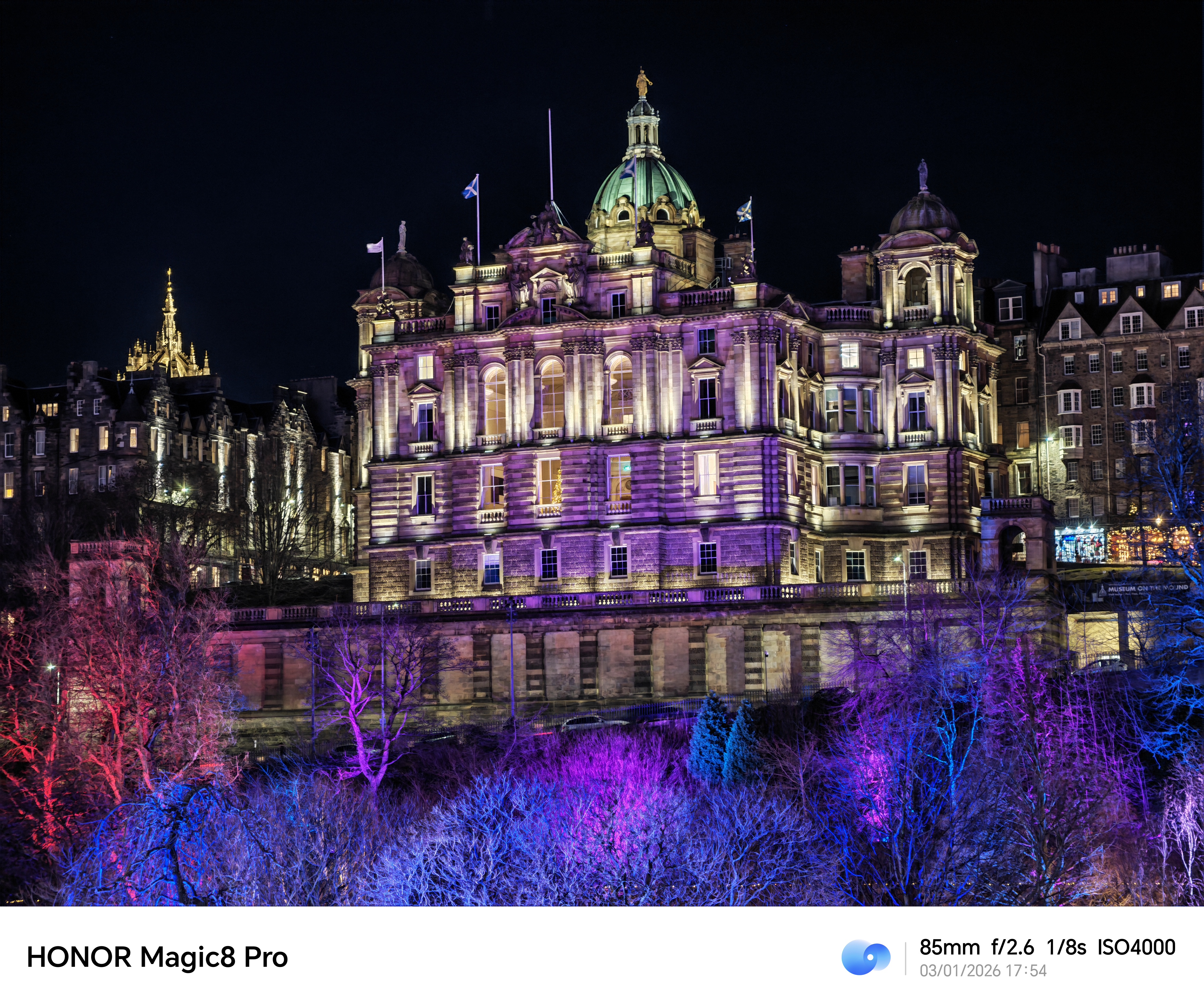 Honor Magic 8 Pro camera sample Edinburgh museum night 3.7x zoom