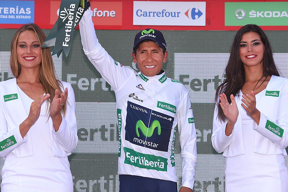 Nairo Quintana (Movistar) in the white combination jersey after stage 11 at the Vuelta a Espana