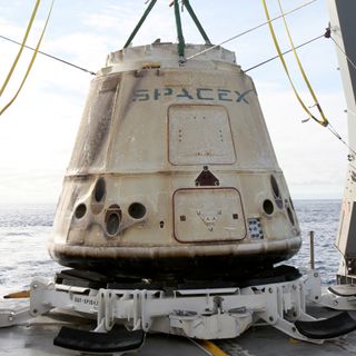 SpaceX's Dragon cargo capsule, after it was fished out of the sea following the completion of its first resupply mission to the International Space Station in early 2017.