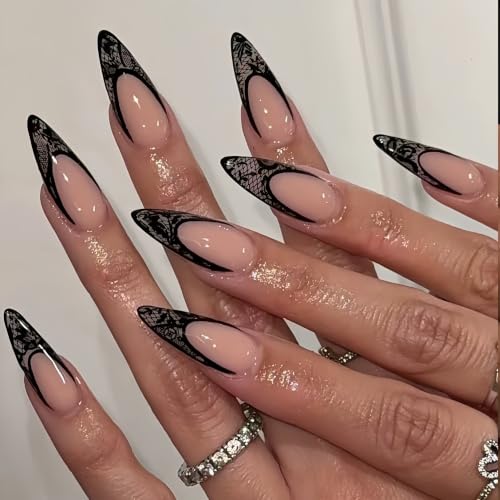24pcs Black French Tip Lace Press on Nails Stiletto Almond Fake Nails French Tip Nails Press Ons Black Lace Y2k Goth Glossy Coquette Aesthetic Glue on Nails Easy Apply Stick on Nail for Women Manicure