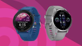 Beste Garmin-klokke 2024: Garmin Venu 2 og Forerunner 265 mot en rosa TechRadar-bakgrunn.