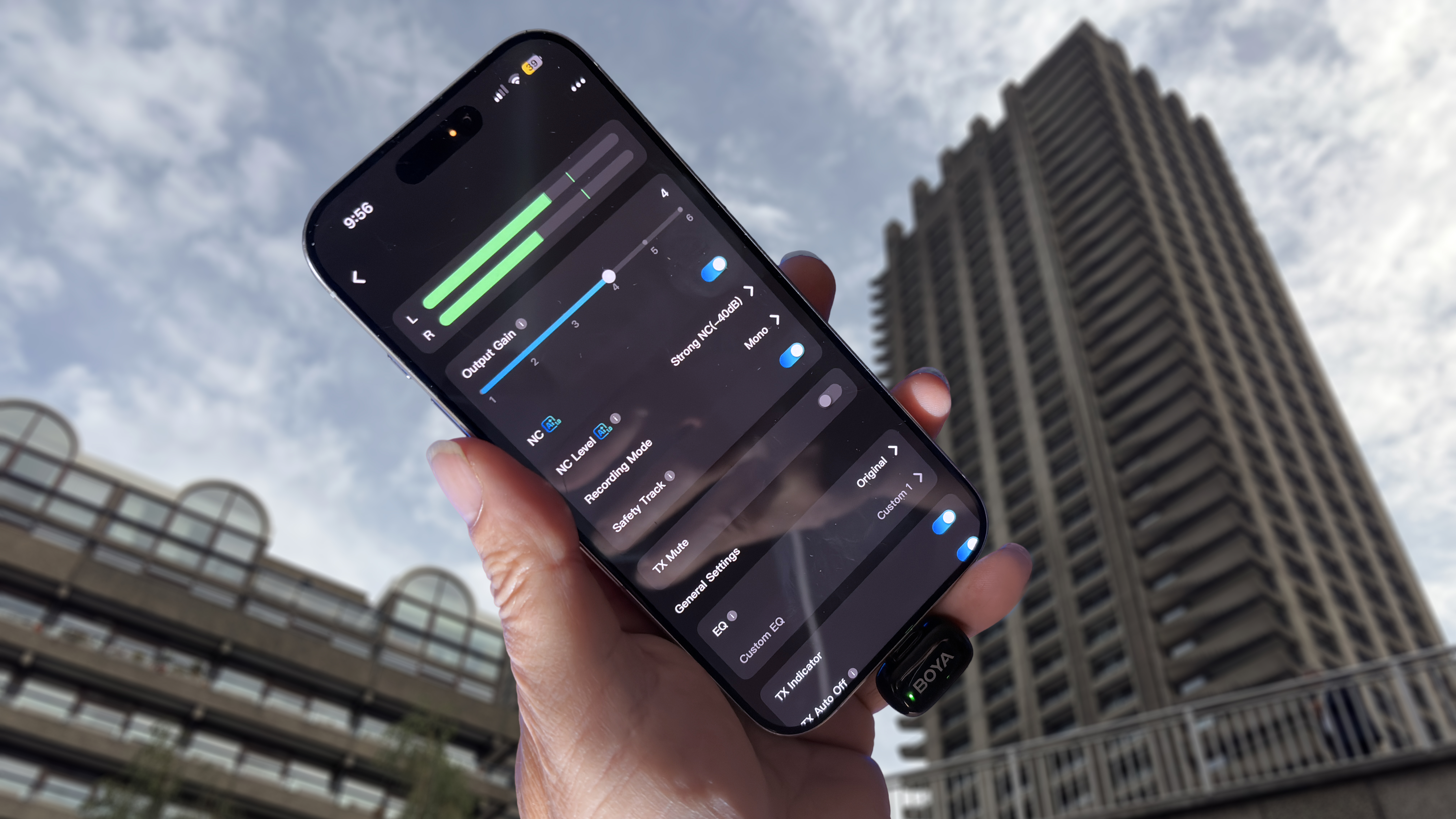 Screenshot of the Boya Central smartphone app showing that the Safety Track option has been turned on and that noise cancellation has been set to Strong (-40dB)