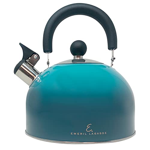 Emeril Lagasse 2.6 Quart/2.5 Liter Whistling Tea Kettle, Stainless Steel Tea Pot for Induction Stove Top, Fast to Boil Water for Home Kitchen Condo, With Ergonomic Cool Folding Grip Handle, Teal