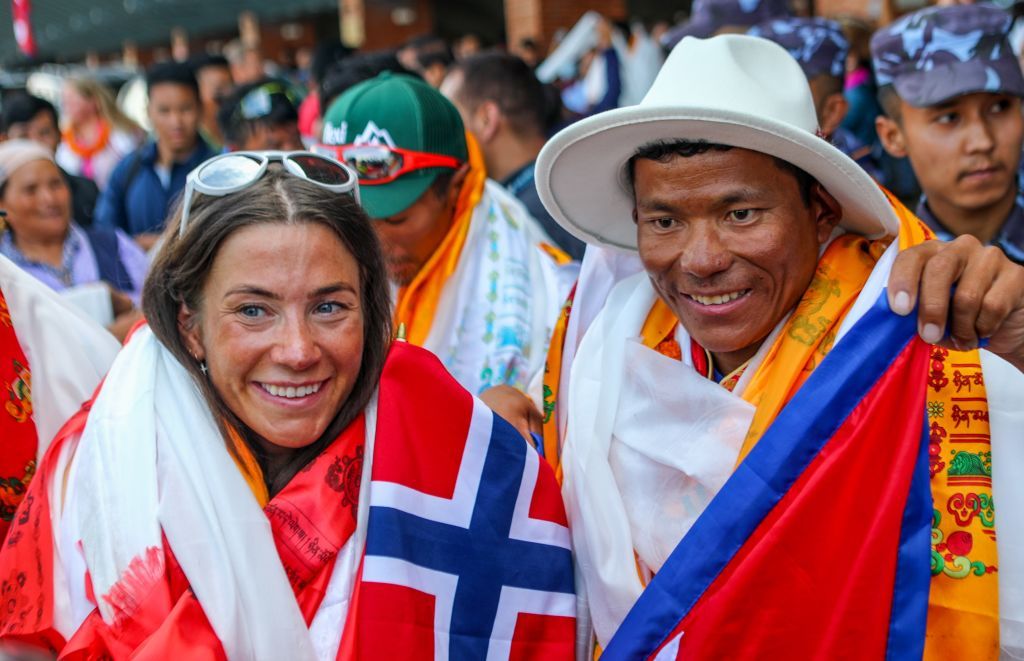 Kristin Harila and her guide, Tenjin Sherpa, after their K2 climb. 