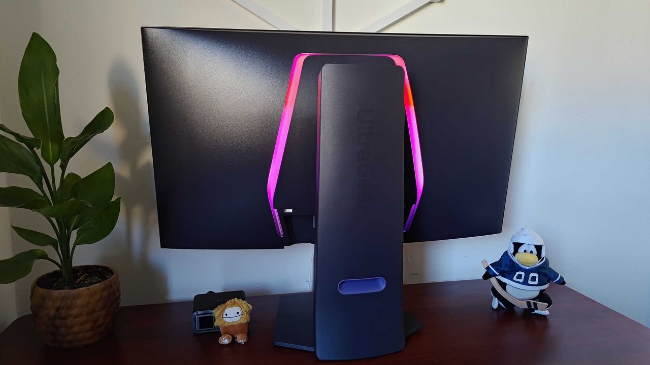 View of LG UltraGear 32GS95UE-B back with RGB light strips in view
