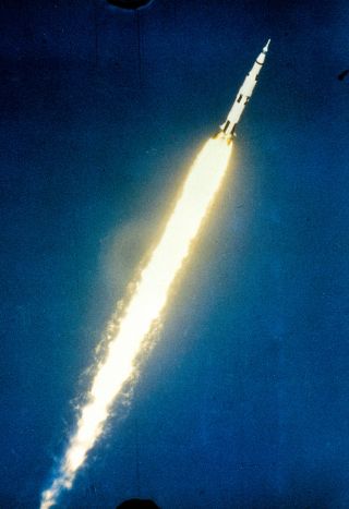 An early moment of the first Saturn V test flight, photographed by a ground tracking camera on the morning of Nov. 9, 1967.