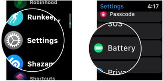 Turn on optimized battery charging on Apple Watch, showing how to open Settings, then tap Battery