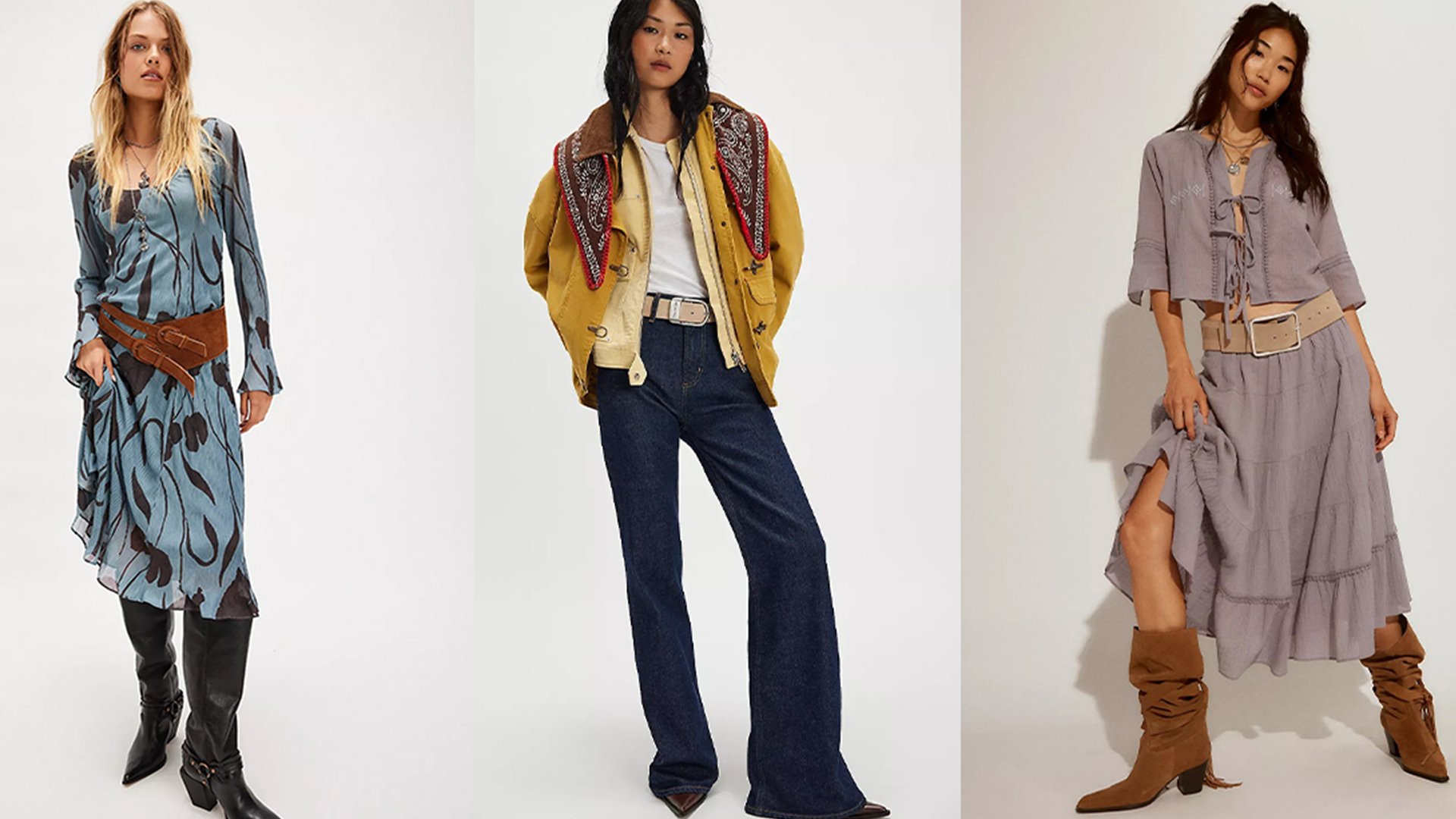 Collage of models wearing Free People outfits. One model wears blue and brown dress, another wears a yellow barn jacket and flare jeans, and another wears a boho skirt set.