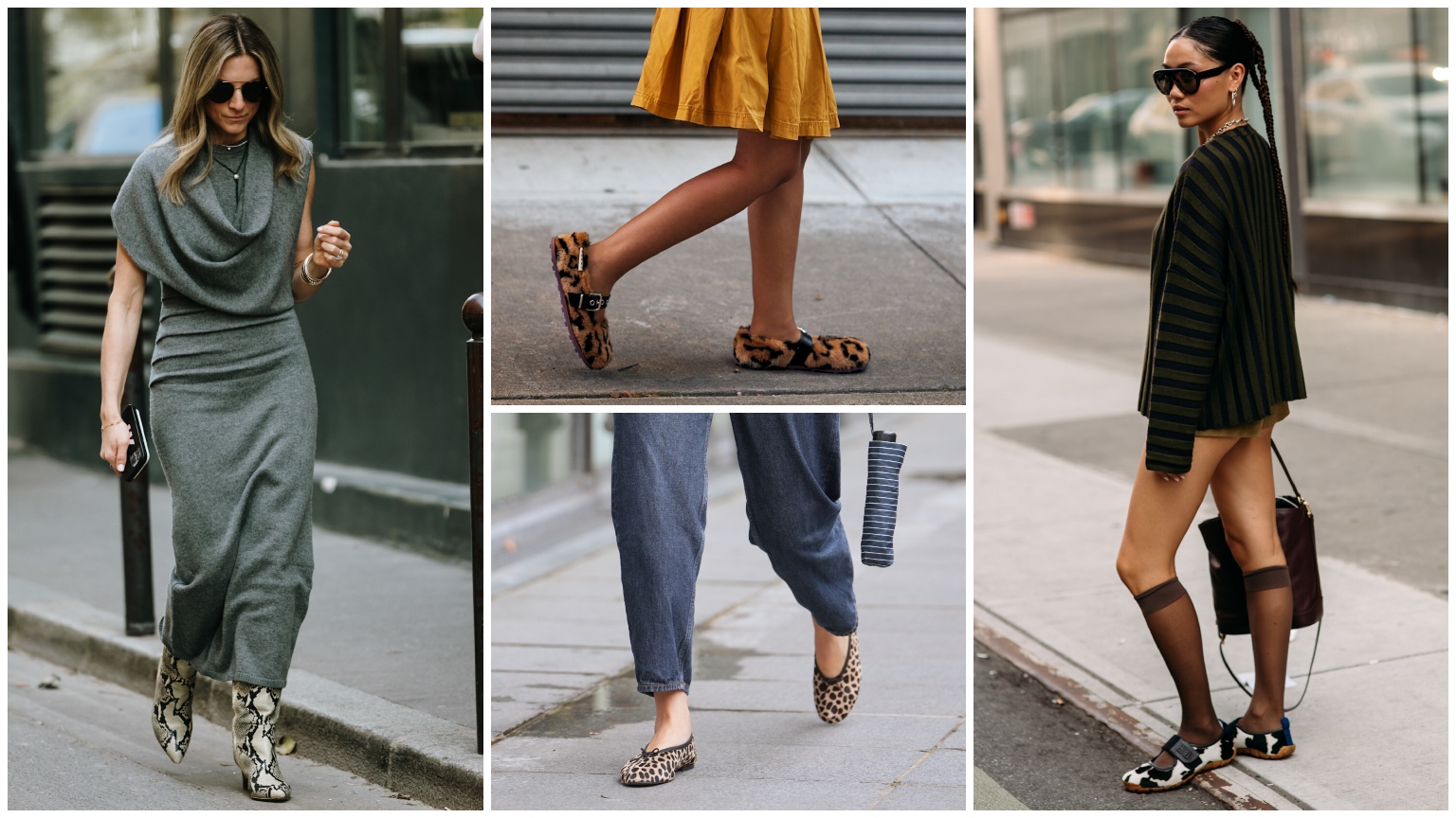 Collage of fashion week attendees wearing animal print shoes with white border