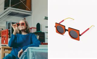 Portrait of Nathalie Du Pasquier and Neoprism square sunglasses in red