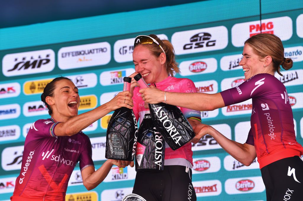 CORMONS ITALY JULY 11 Ashleigh Moolman Pasio of South Africa and Team SD Worx 2nd place Anna Van Der Breggen of Netherlands and Team SD Worx Pink Leader Jersey Demi Vollering of Netherlands and Team SD Worx 3rd place celebrates at podium during the 32nd Giro dItalia Internazionale Femminile 2021 Stage 10 a 113km stage from Capriva del Friuli to Cormons GiroDonne UCIWWT on July 11 2021 in Cormons Italy Photo by Luc ClaessenGetty Images